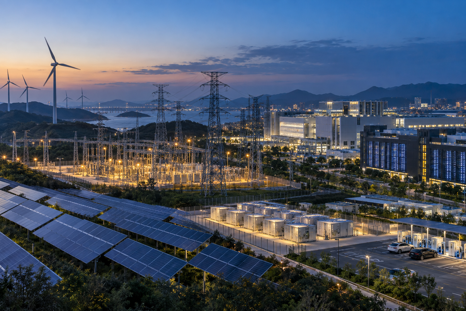 中國再生能源、電網變電設施、半導體廠、資料中心、儲能與電動車充電共同構成的電力供需協同場景